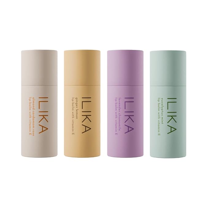 ILIKA Lip Balm, Organic,100% Plant-Based, 2X Volume, Low CO2e - COSMOS Certified Organic, PETA Certified Vegan & Cruelty-Free, Biodegradable Tube 4 Pack, Essential Collection