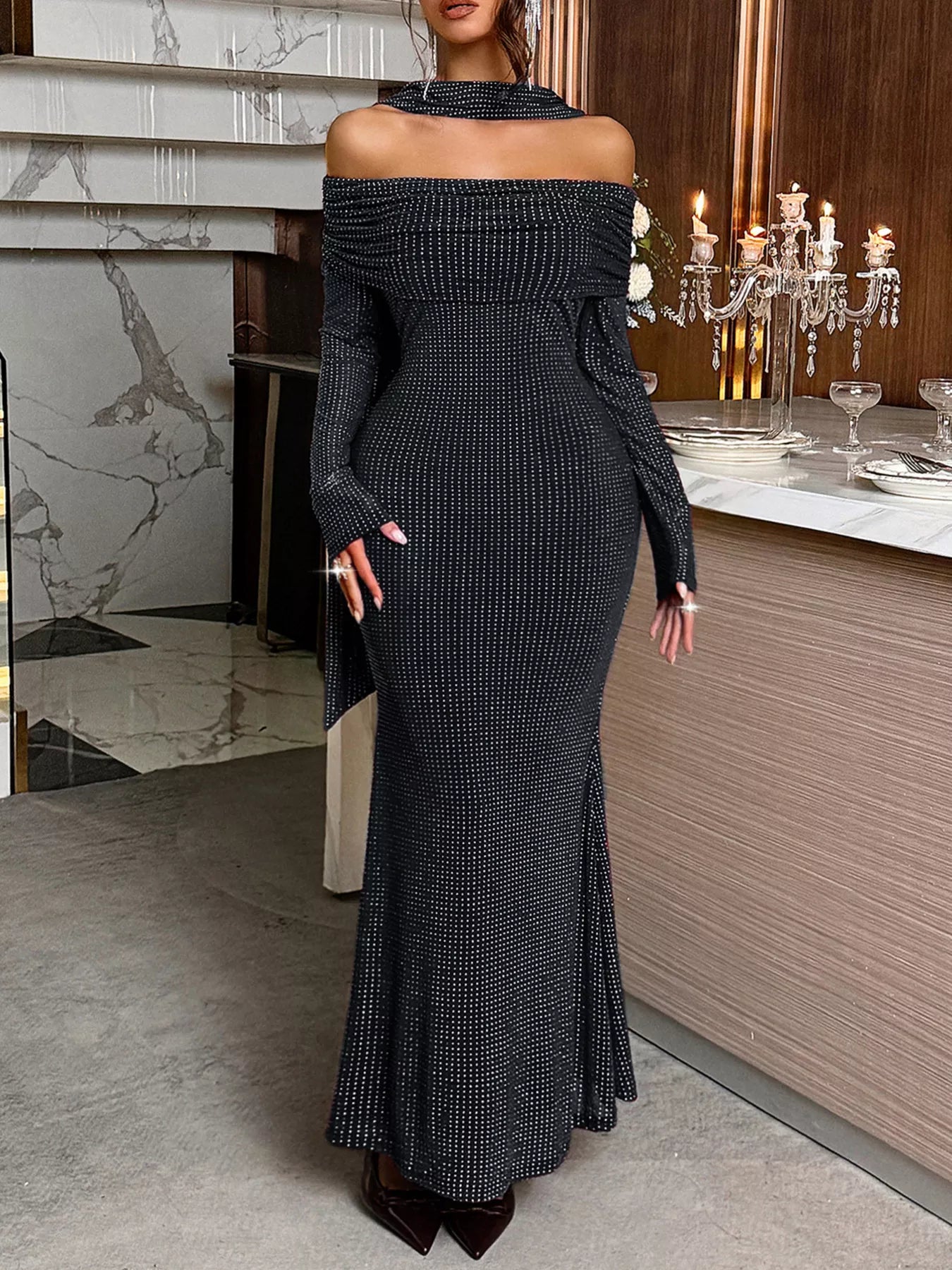 Off-Shoulder Scarf Bodycon Maxi Dress