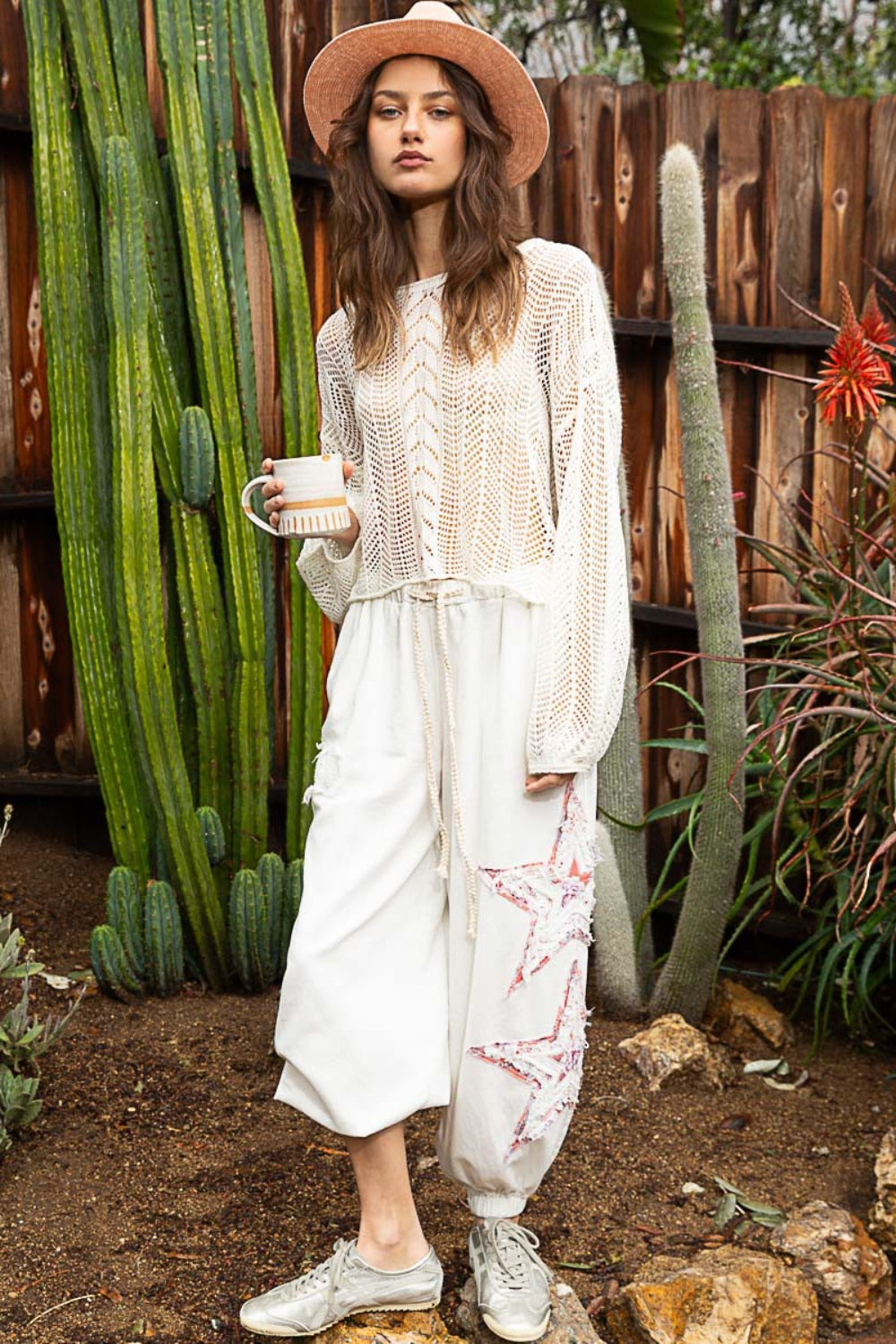 POL Clothing Openwork Balloon Sleeve Knit Womens Cover Up