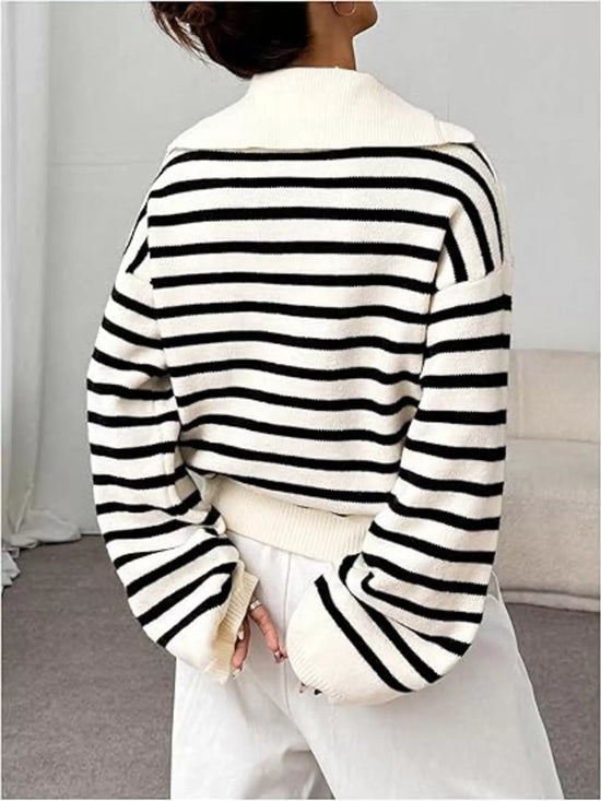 Striped Lace-Up Long Sleeve Sweater