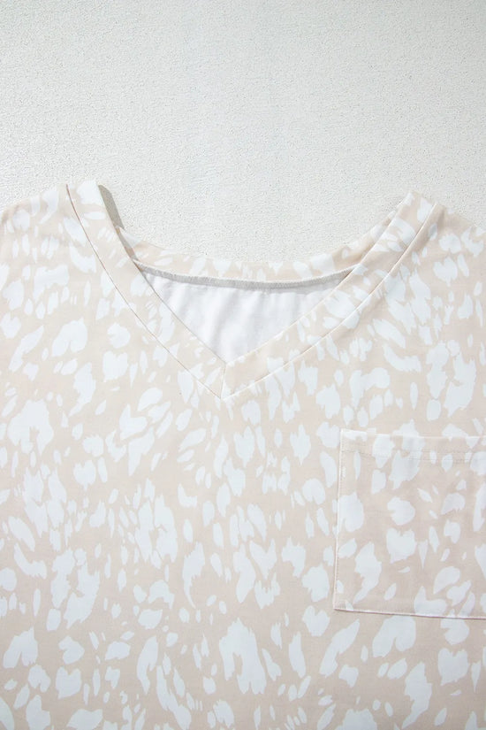 Leopard Print V Neck Side Slit Loose Fit T Shirt