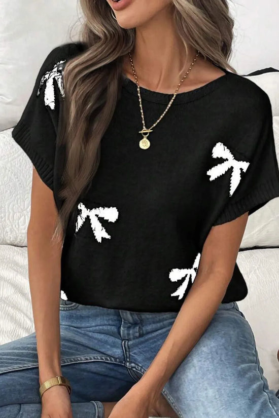 Bow Pattern Knit Short Sleeve Sweater