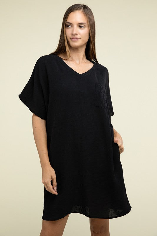Zenana Woven Airflow V Neck Womens Dress Pockets S-XL 3Colors