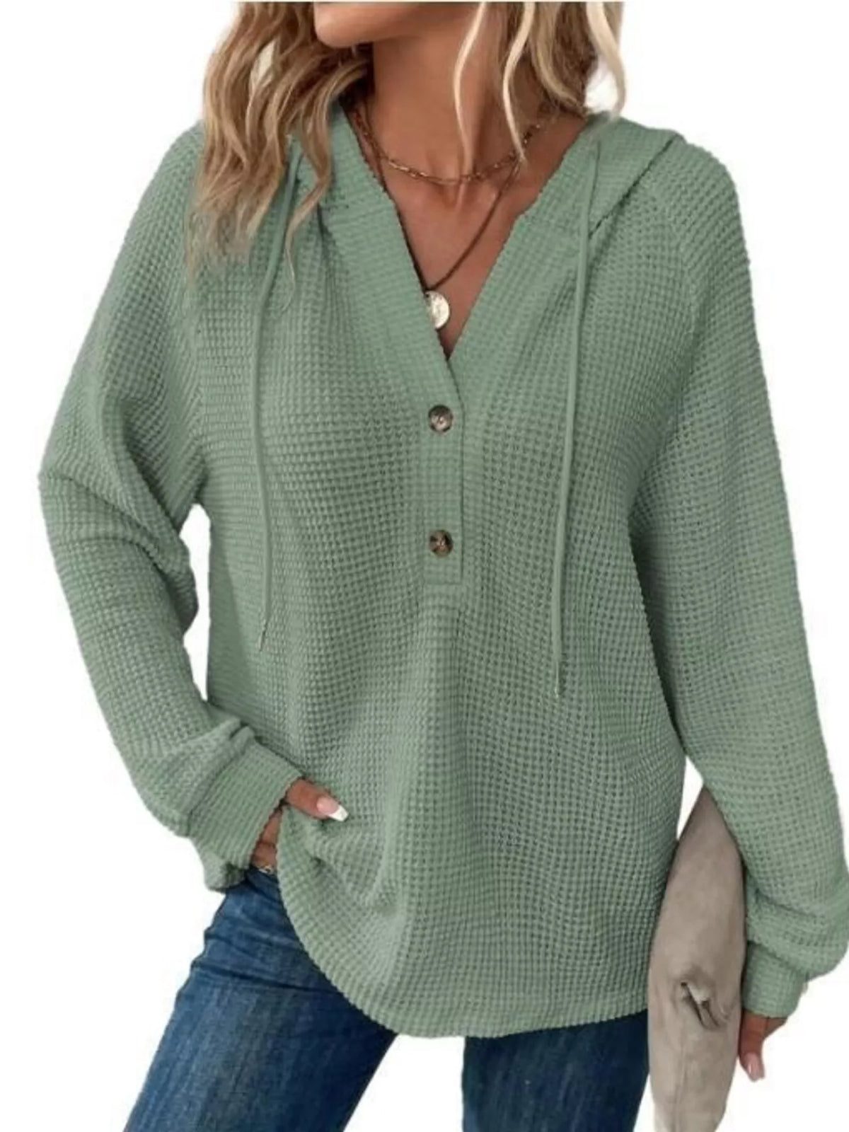 Full Size Waffle Knit Half-Button Hoodie Plus Size