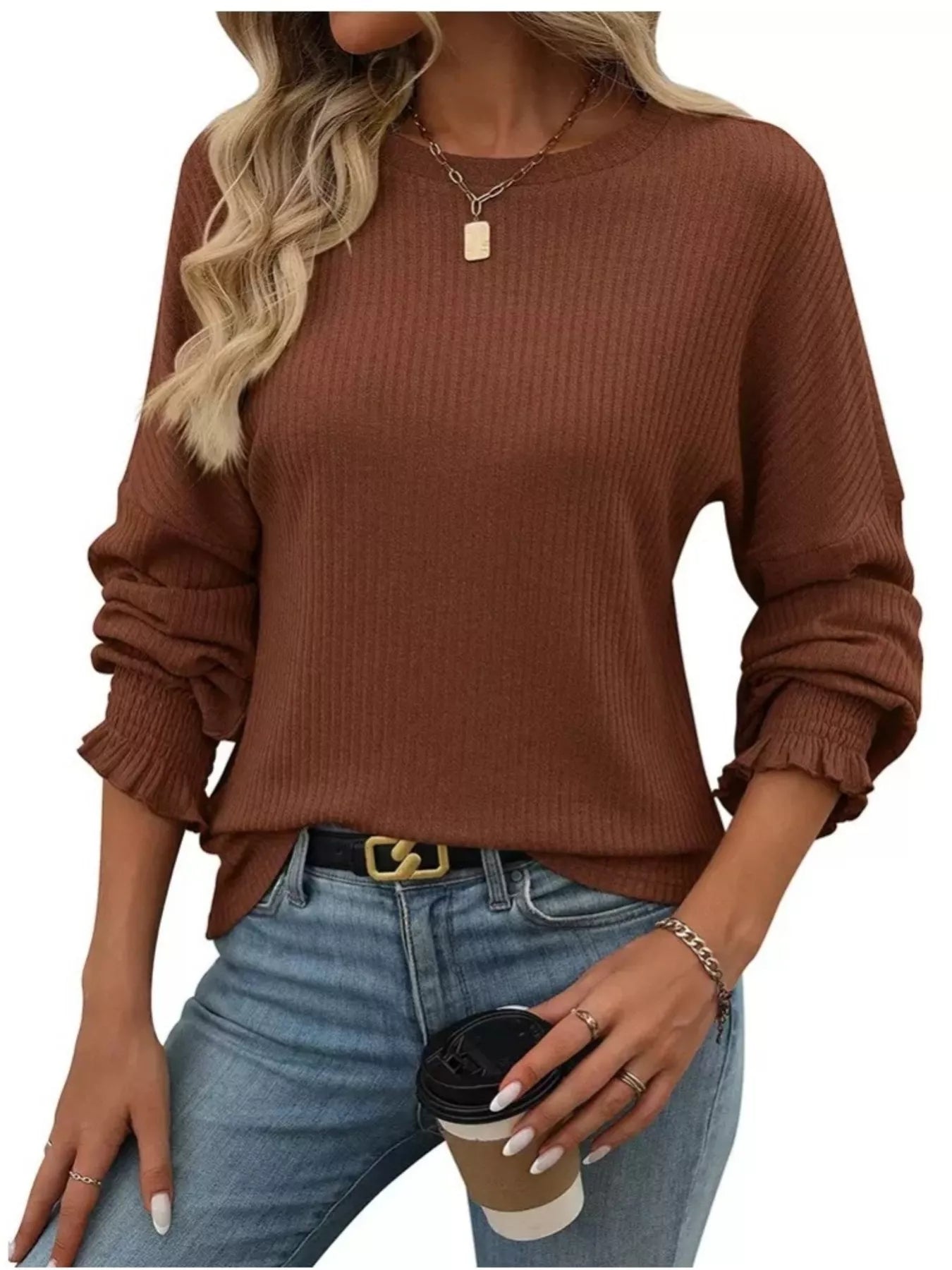 Ribbed Knit Long Sleeve T-Shirt
