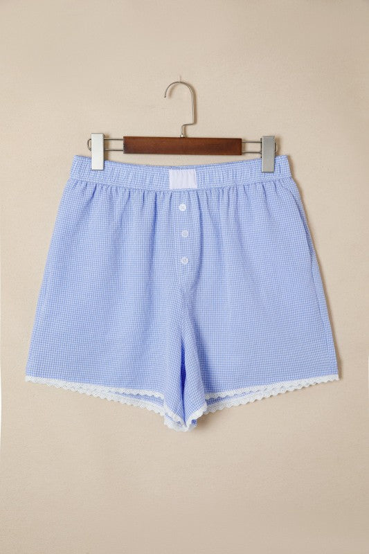 Gingham Plaid Lace Trim Buttoned Boxer Shorts