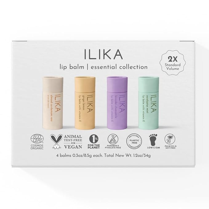 ILIKA Lip Balm, Organic,100% Plant-Based, 2X Volume, Low CO2e - COSMOS Certified Organic, PETA Certified Vegan & Cruelty-Free, Biodegradable Tube 4 Pack, Essential Collection
