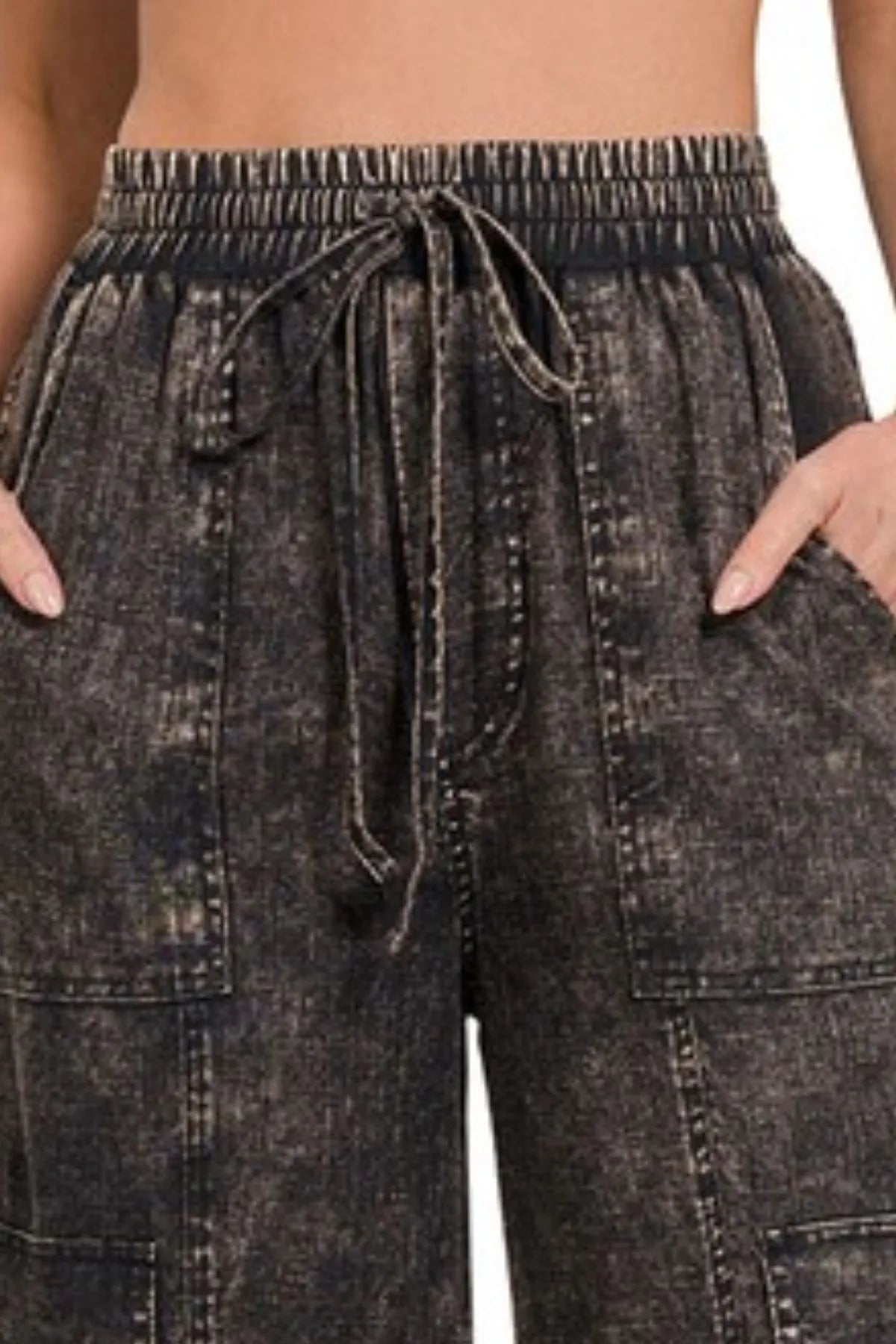 Zenana Washed Linen Elastic Band Waist Cargo Womens Pants