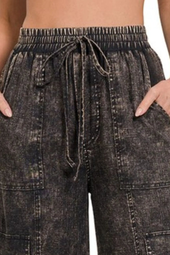 Zenana Washed Linen Elastic Band Waist Cargo Womens Pants