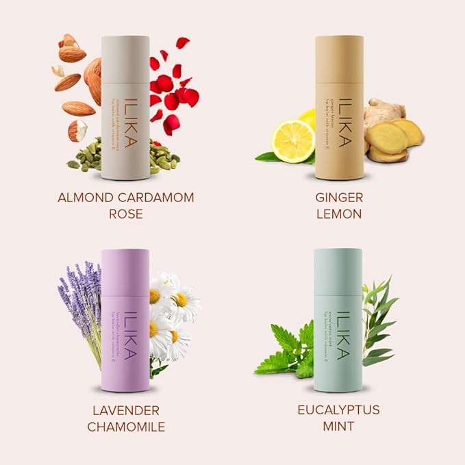 ILIKA Lip Balm, Organic,100% Plant-Based, 2X Volume, Low CO2e - COSMOS Certified Organic, PETA Certified Vegan & Cruelty-Free, Biodegradable Tube 4 Pack, Essential Collection