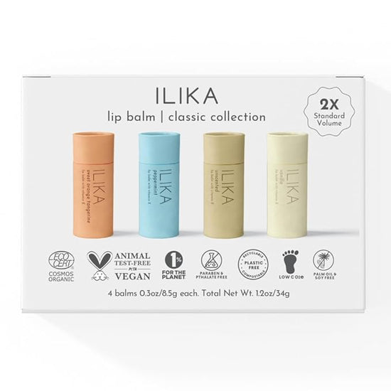 ILIKA Lip Balm Organic, 100% Plant-Based, 2X Volume, Low CO2e - COSMOS Certified Organic, PETA Certified Vegan & Cruelty-Free, Biodegradable Tube 4 Pack, Classic Collection