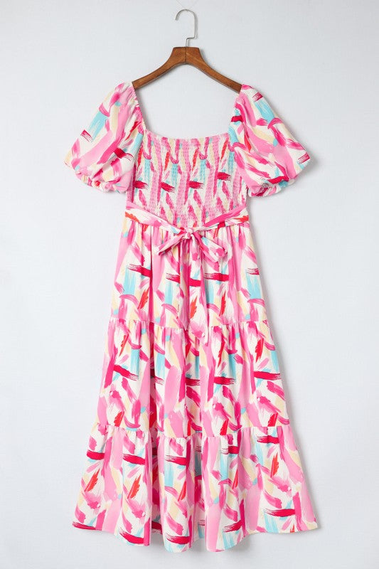 Abstract Brush Stroke Smocked Ruffle Tiered Dress