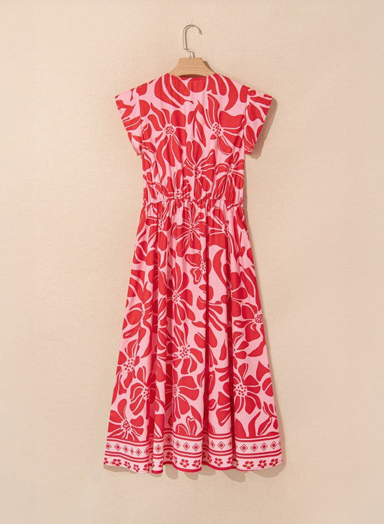 Floral Short Sleeve V-Neck Buttoned Maxi Dress