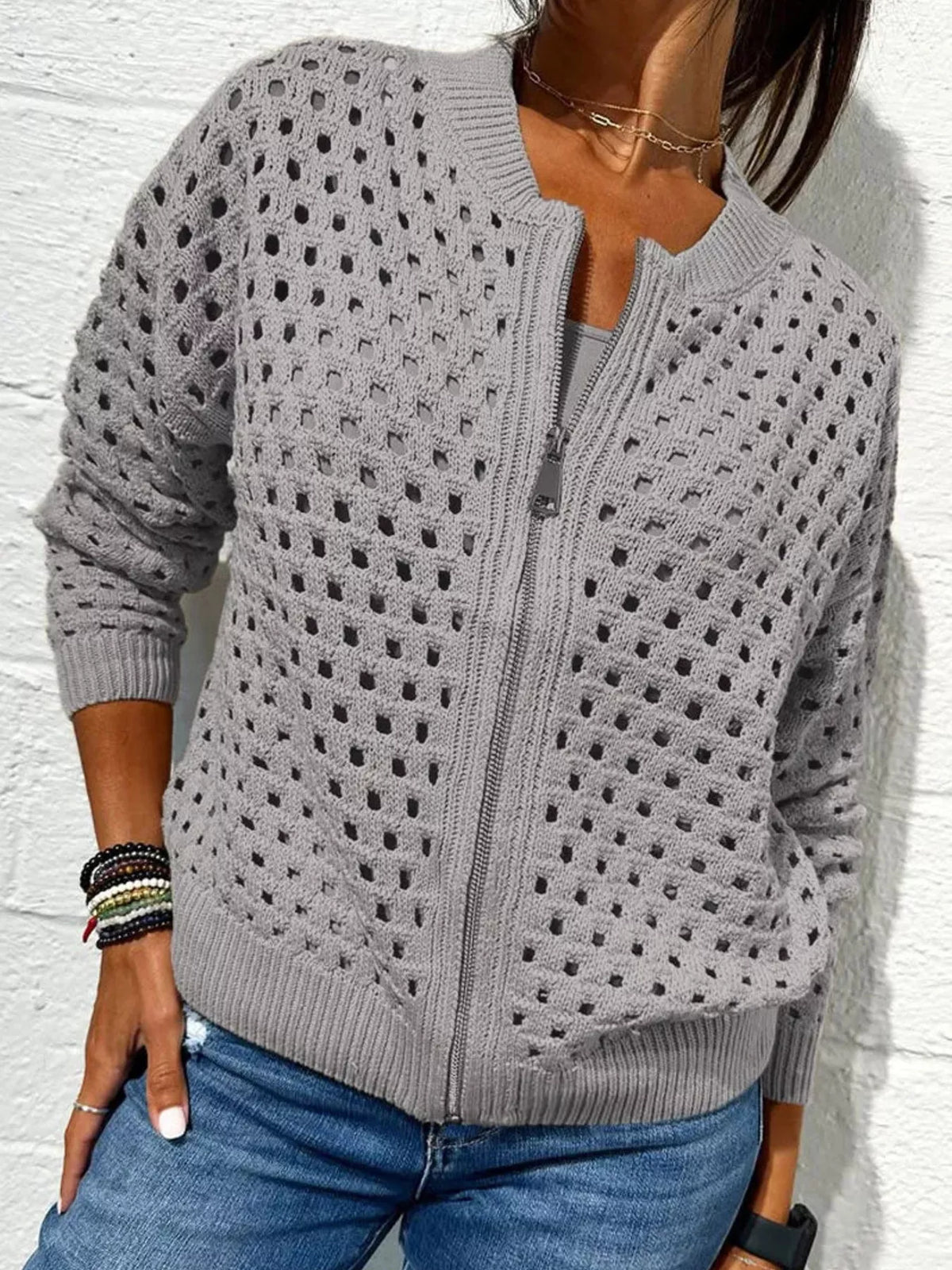 Full Size Crochet Knit Zip-Up Cardigan Plus Size
