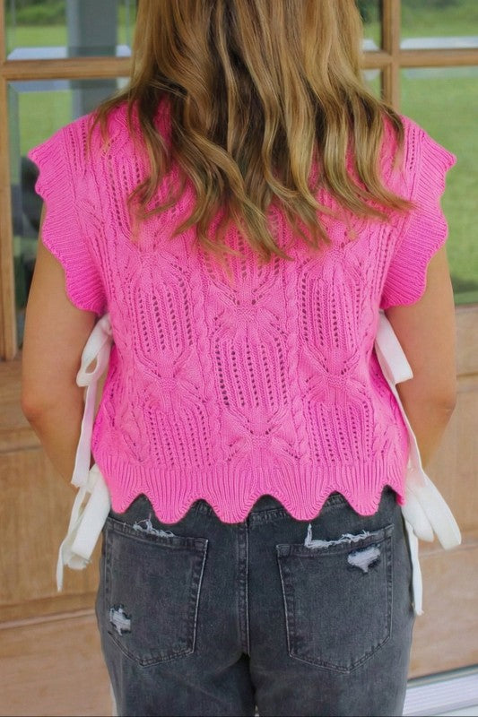 Pointelle Knit Scallop Trim Short Sleeve Sweater