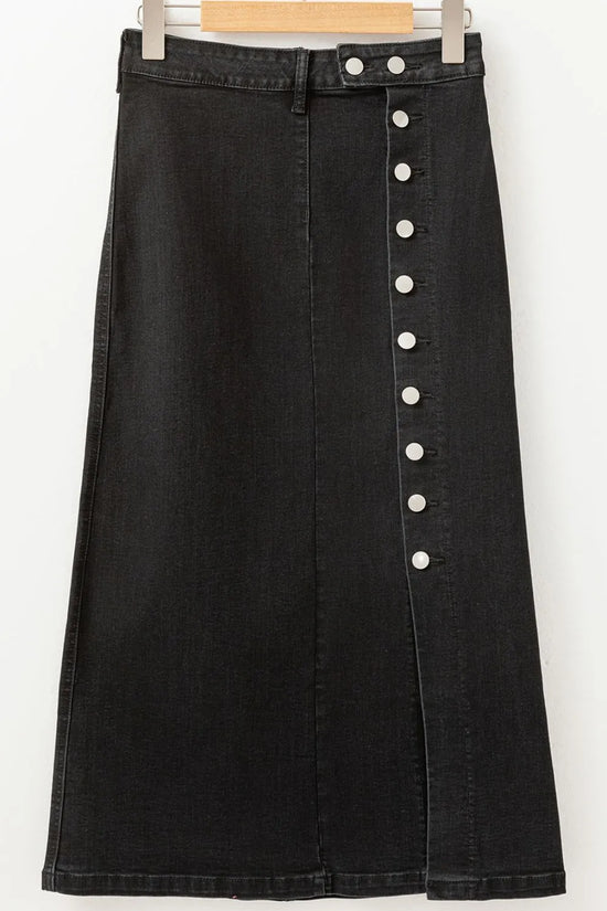 Button Fly Side Split Denim Midi Skirt