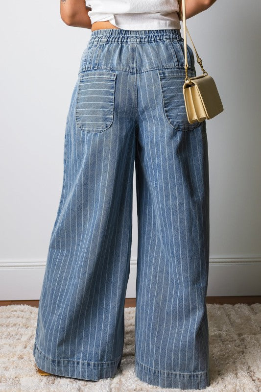 Stripe Buttoned High Waist Pleated Wide Leg Jeans