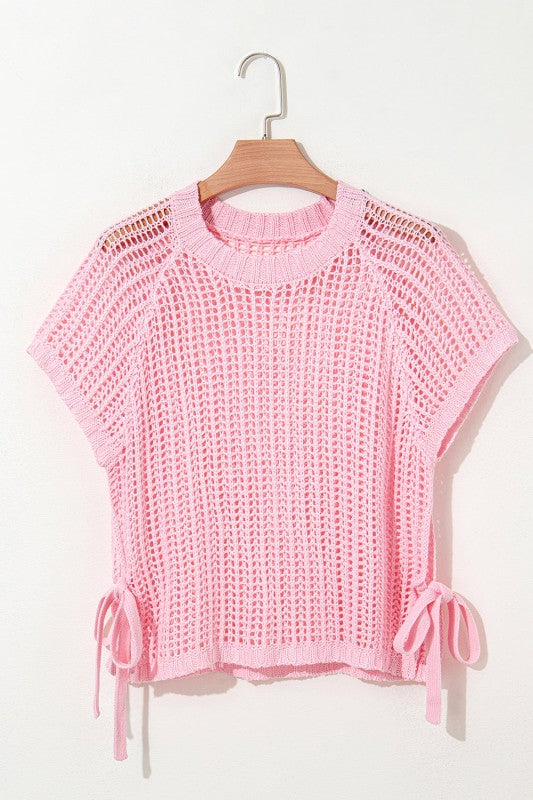 Hollow-out Crochet Tie Side Short Sleeve Sweater