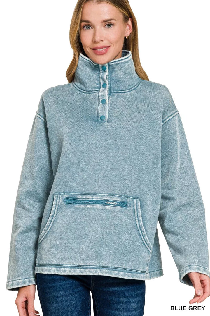 Fleece Washed High Neck Kangaroo Pocket Sweatshirt