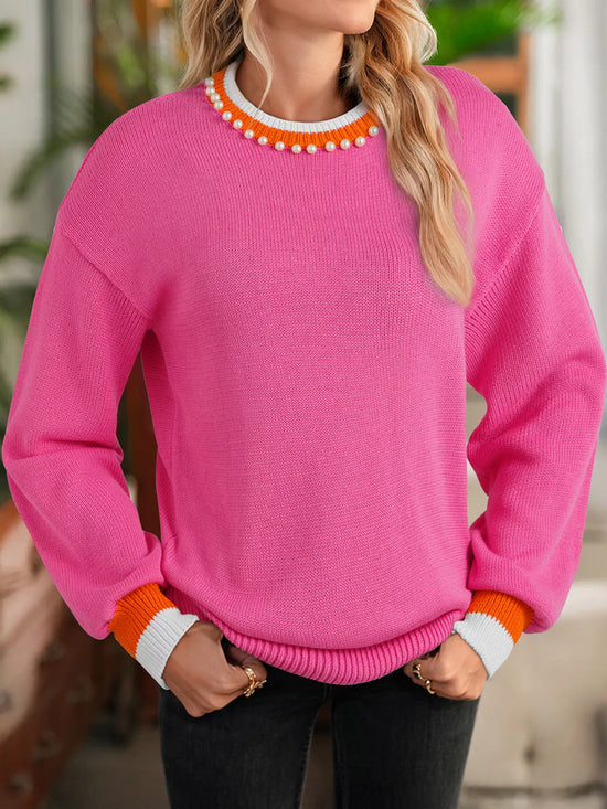Contrast Crew Neck Pearled Decor Drop Shoulder Knit Sweater