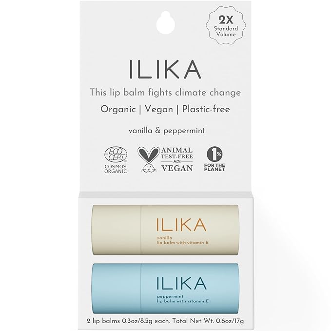 ILIKA Lip balm Organic, Vegan, Plastic-free, 100% Plant-based, 2X Volume, COSMOS Certified Organic, PETA Certified Vegan & Cruelty-Free 2 Pack, Vanilla & Peppermint