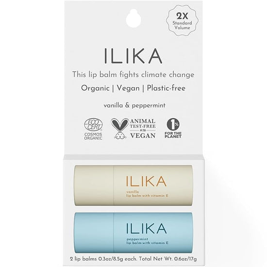 ILIKA Lip balm Organic, Vegan, Plastic-free, 100% Plant-based, 2X Volume, COSMOS Certified Organic, PETA Certified Vegan & Cruelty-Free 2 Pack, Vanilla & Peppermint