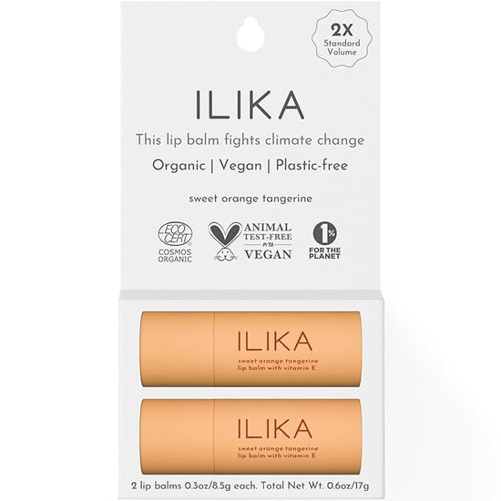 ILIKA Lip balm Organic, Vegan, Plastic-free, 100% Plant-based, 2X Volume, COSMOS Certified Organic, PETA Certified Vegan & Cruelty-Free, 2 Pack, Orange Tangerine
