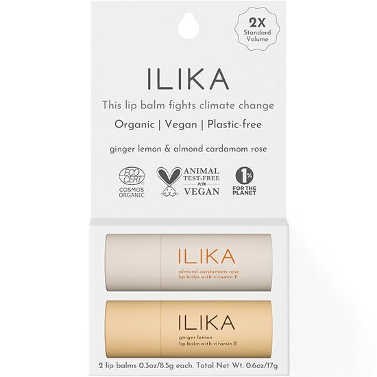 ILIKA Lip balm, Organic, 100% Plant-based, Natural Lip Treatment, COSMOS Certified Organic, PETA Certified Vegan & Cruelty-Free 2 Pack, Ginger Lemon & Almond Cardamom Rose