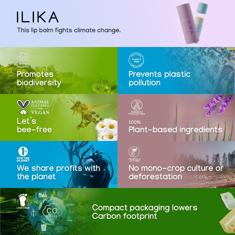 ILIKA Lip balm Organic, Vegan, Plastic-free, 100% Plant-based, 2X Volume, COSMOS Certified Organic, PETA Certified Vegan & Cruelty-Free 2 Pack, Vanilla & Peppermint