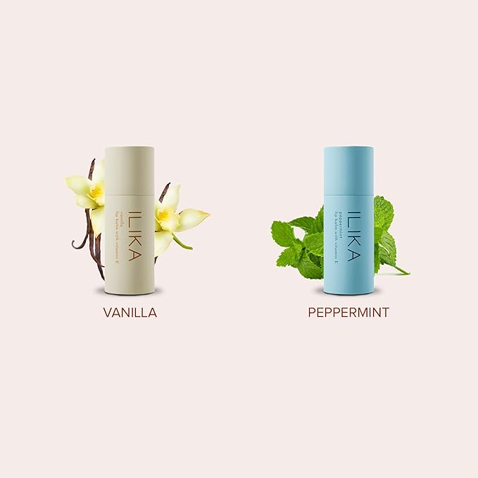 ILIKA Lip balm Organic, Vegan, Plastic-free, 100% Plant-based, 2X Volume, COSMOS Certified Organic, PETA Certified Vegan & Cruelty-Free 2 Pack, Vanilla & Peppermint