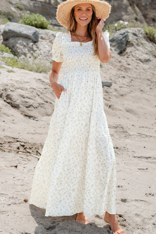 Floral Frilly Shirred Bodice Tiered Maxi Dress