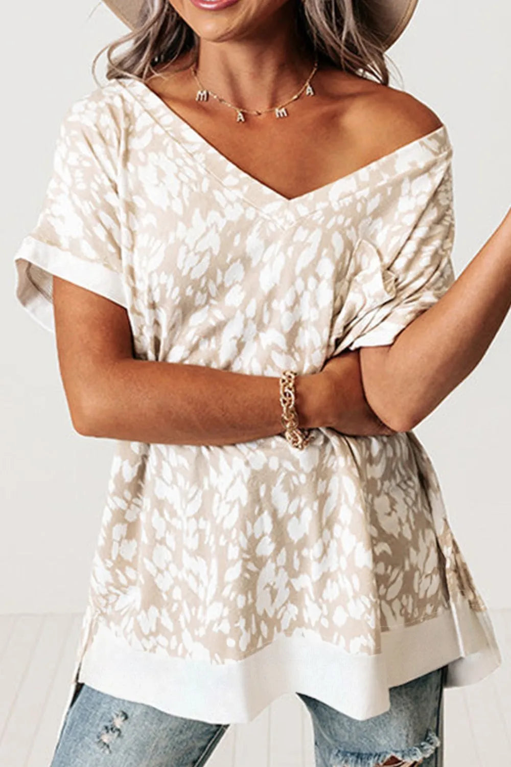 Leopard Print V Neck Side Slit Loose Fit T Shirt