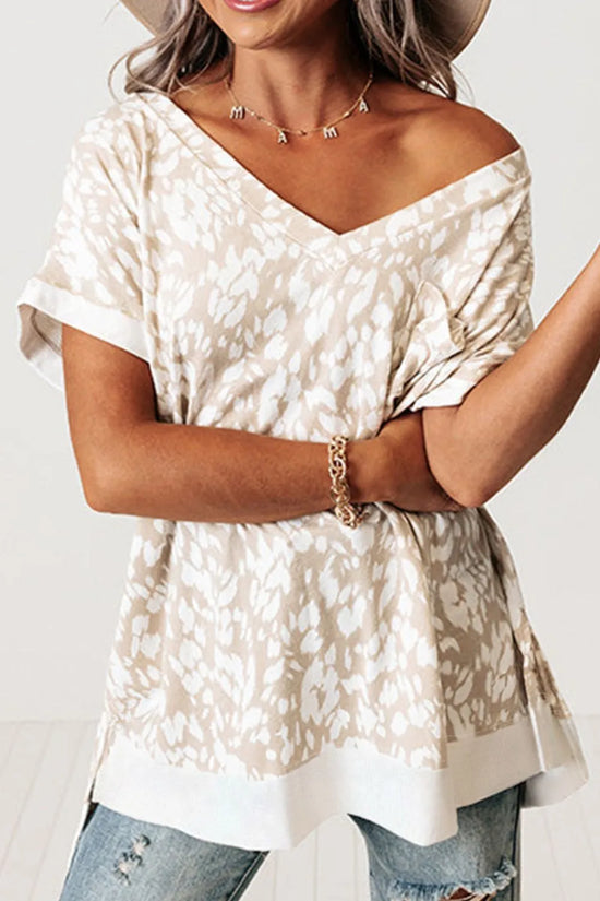 Leopard Print V Neck Side Slit Loose Fit T Shirt