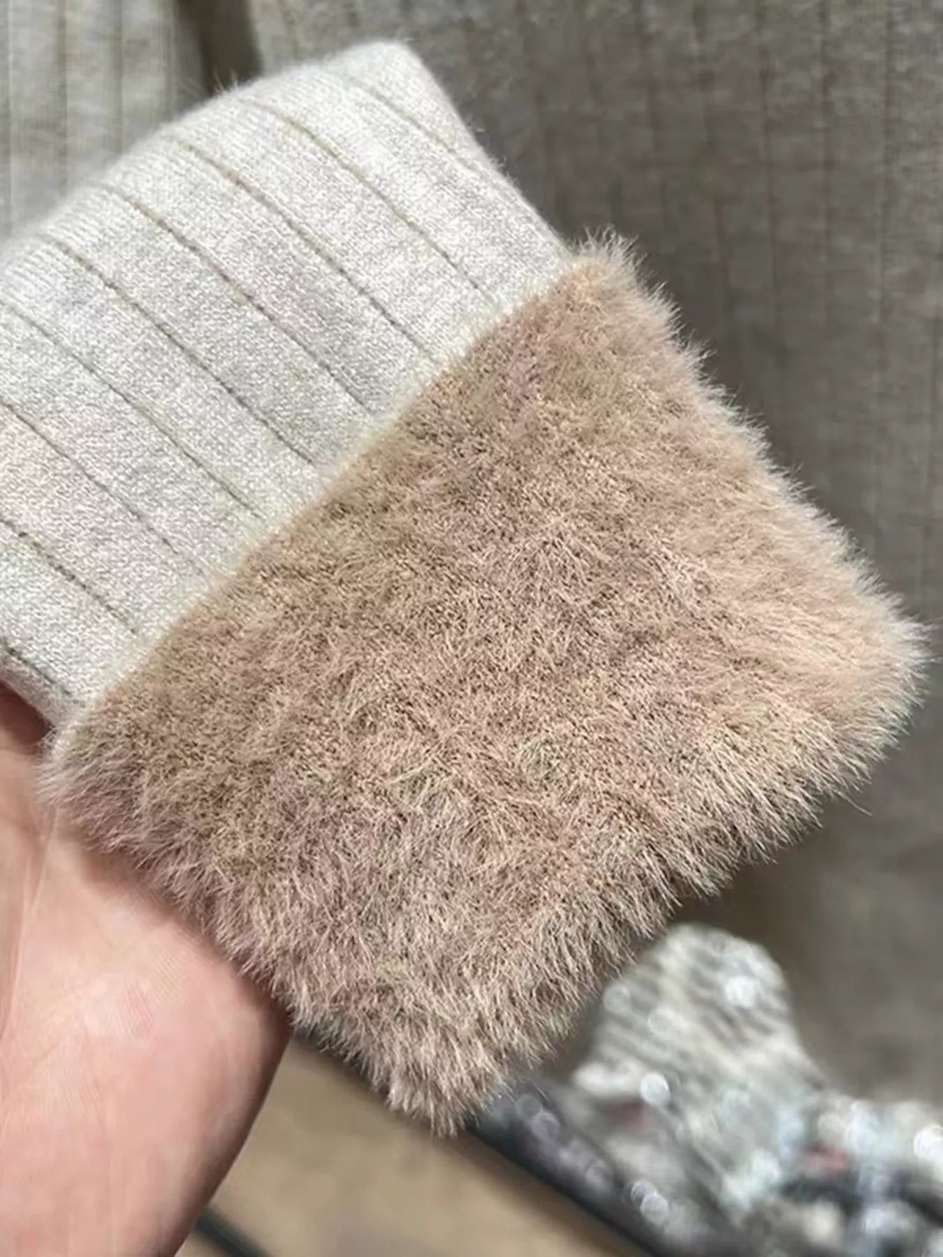 V-Neck Fleece Lined Ribbed Knit Top