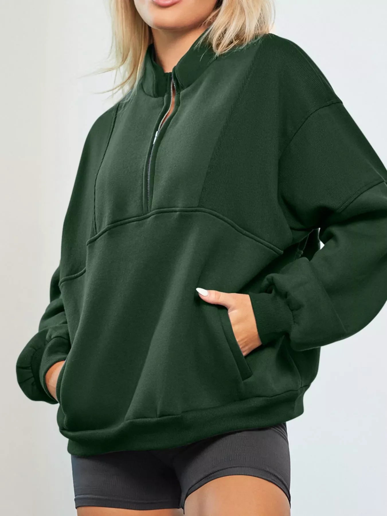 Half Zip Stand Collar Exposed Seam Solid Color Casual Sweatshirt