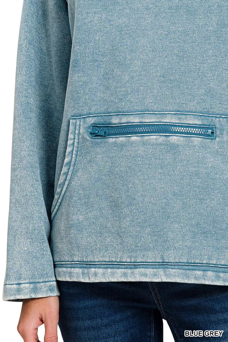 Fleece Washed High Neck Kangaroo Pocket Sweatshirt