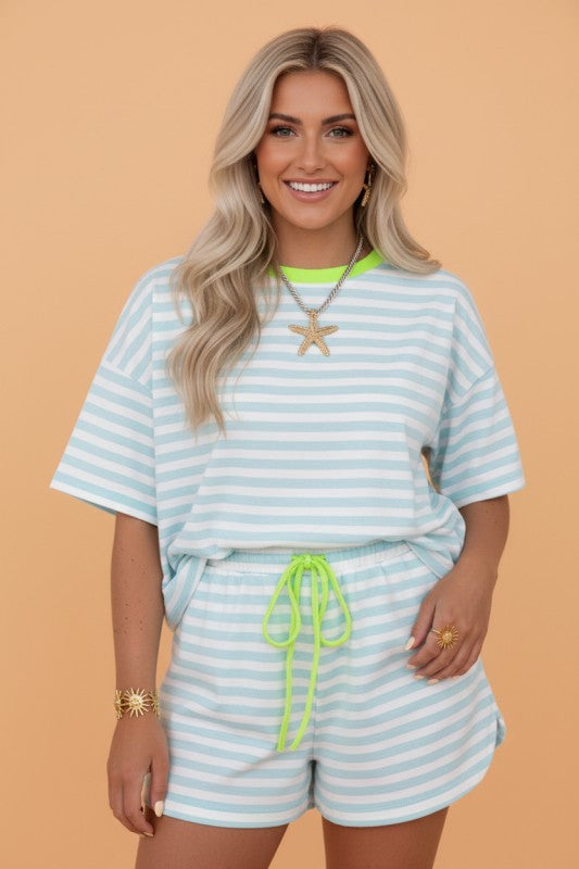 Stripe Neck Loose Tee & Drawstring Shorts Set