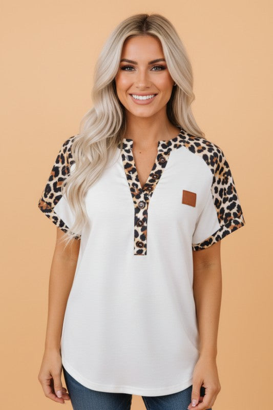 Leopard Patchwork Half-Button Short-Sleeve Top