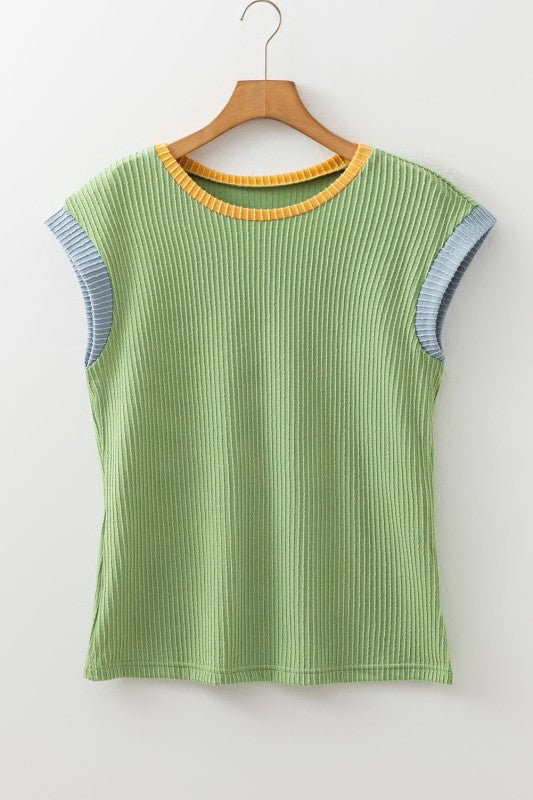 Colorblock Corded Knit Crew Neck Tee