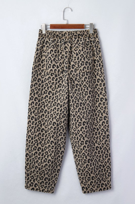 Leopard Denim Drawstring Elastic Waist Loose Pants