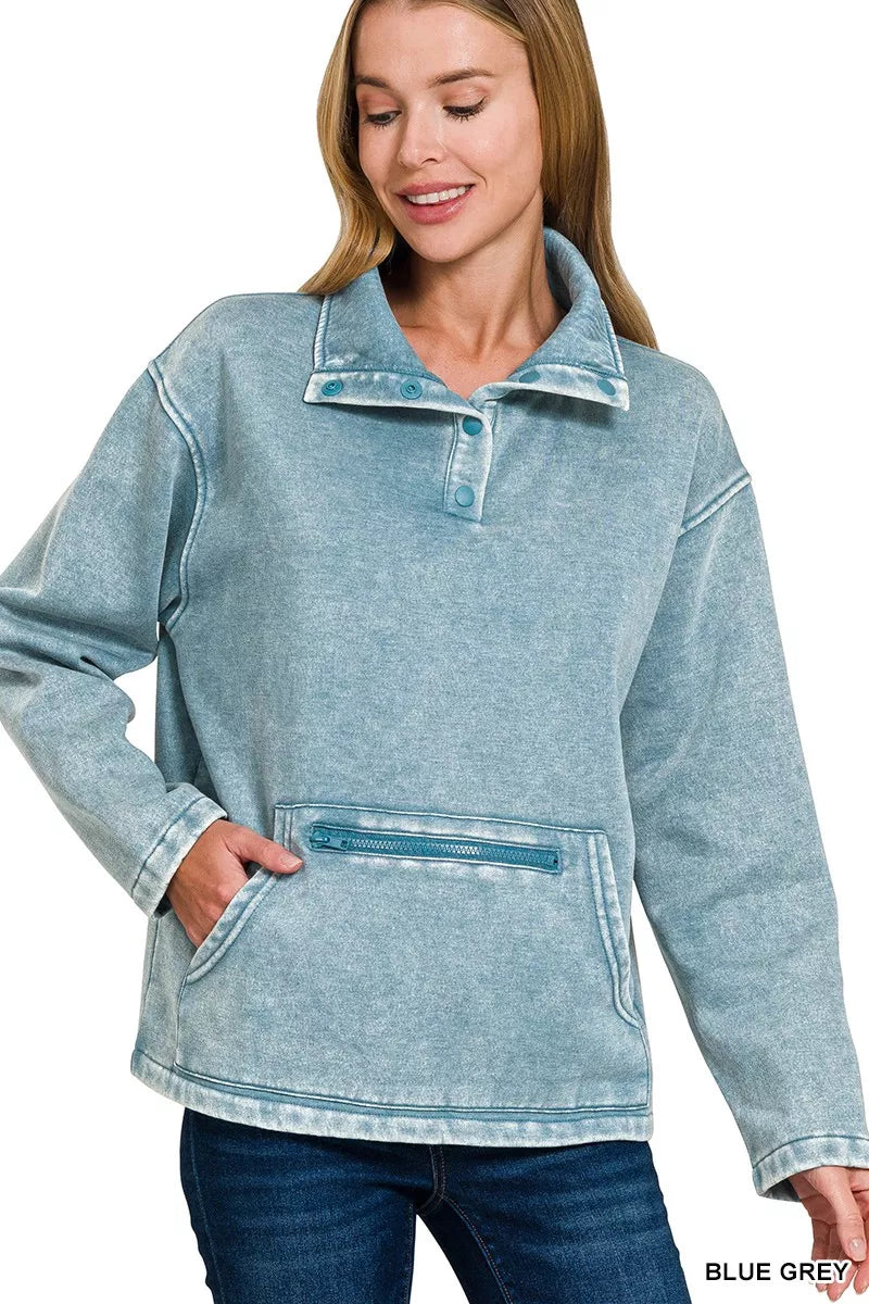 Fleece Washed High Neck Kangaroo Pocket Sweatshirt