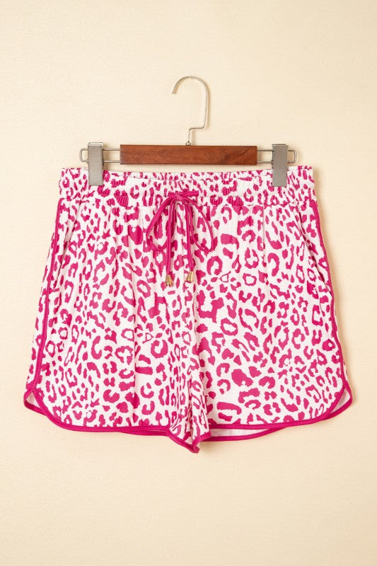 Leopard Contrast Trim Elastic Drawstring Shorts