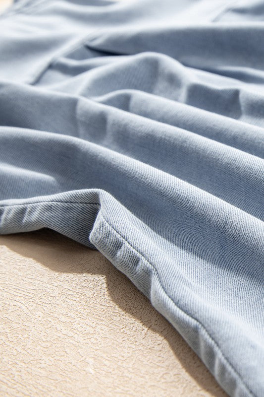 Chambray Ruffle Short Puff Sleeve Buttoned Shirt