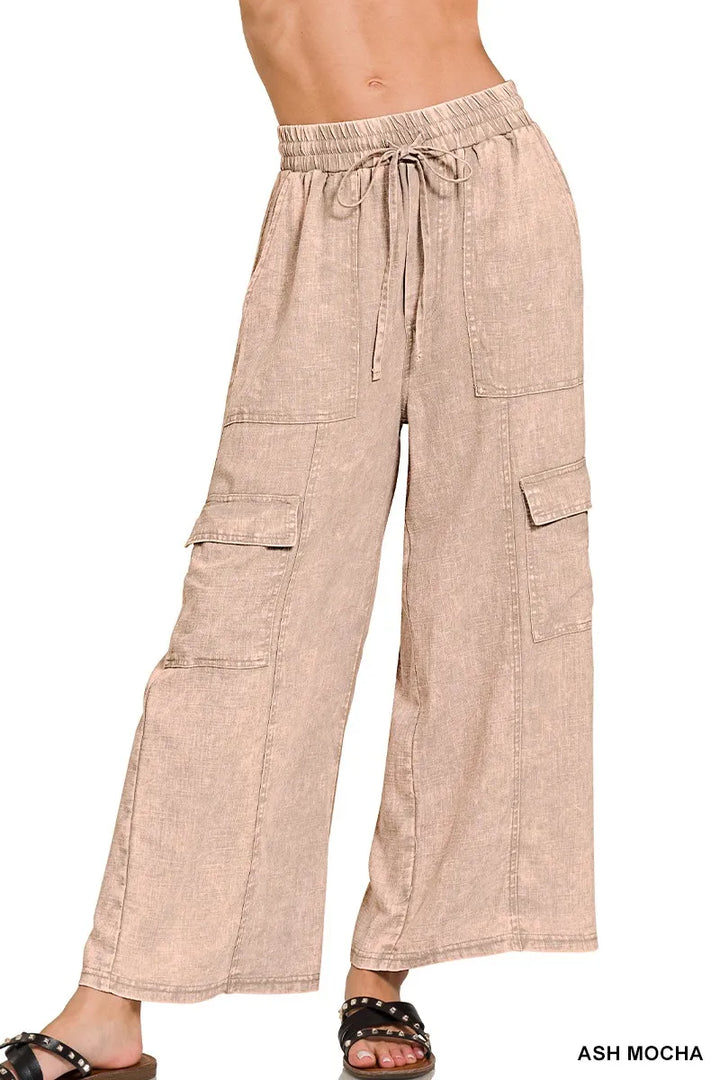 Zenana Washed Linen Elastic Band Waist Womens Cargo Pants