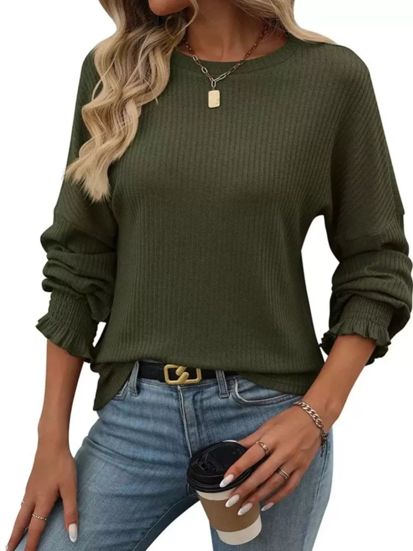 Ribbed Knit Long Sleeve T-Shirt