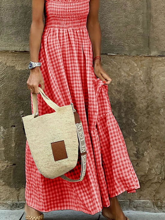 Plaid Ruffle Sleeve Maxi Dress