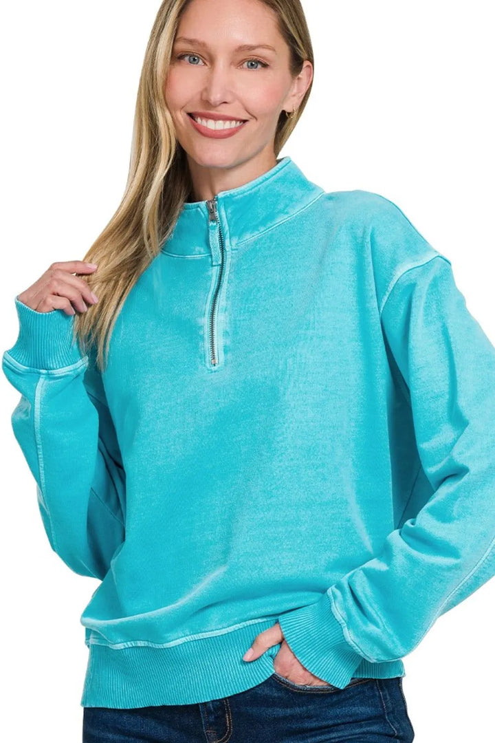 Zenana F/terry Pigment Dye & Enzyme Washing Half Zip Womens Top