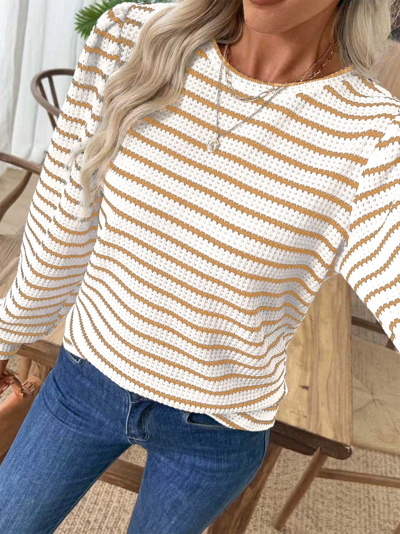 Striped Long Sleeve Texture Knit T-Shirt