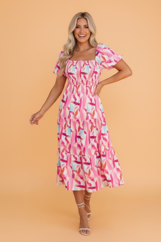 Abstract Brush Stroke Smocked Ruffle Tiered Dress