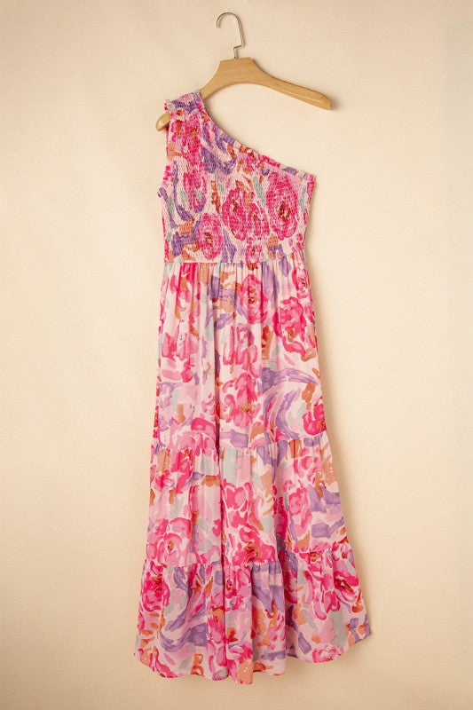 Abstract Floral One-Shoulder Shirred Maxi Dress